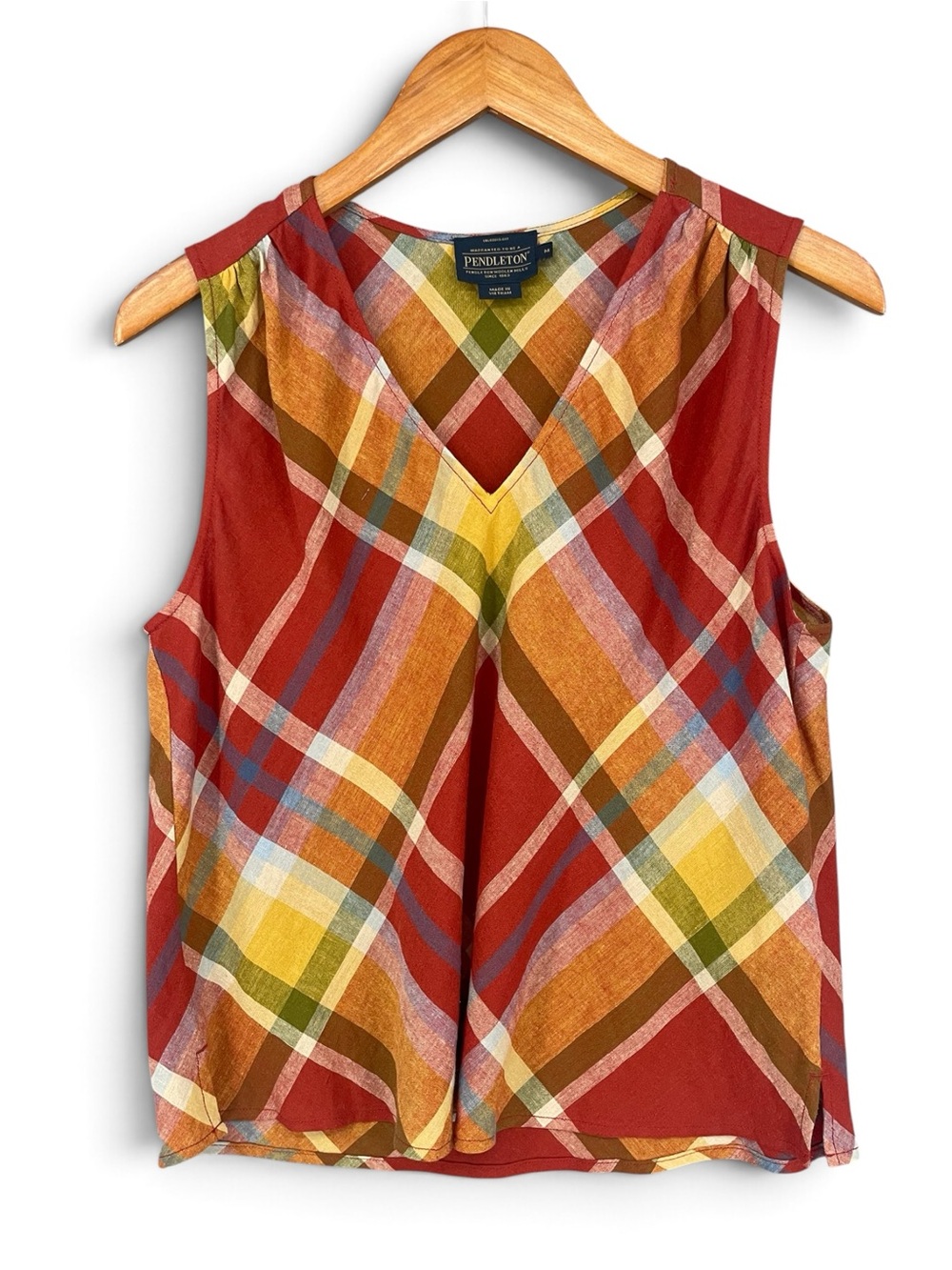 Pendleton Linen‑Blend Multi‑Plaid V‑Neck Tank Top Size Medium